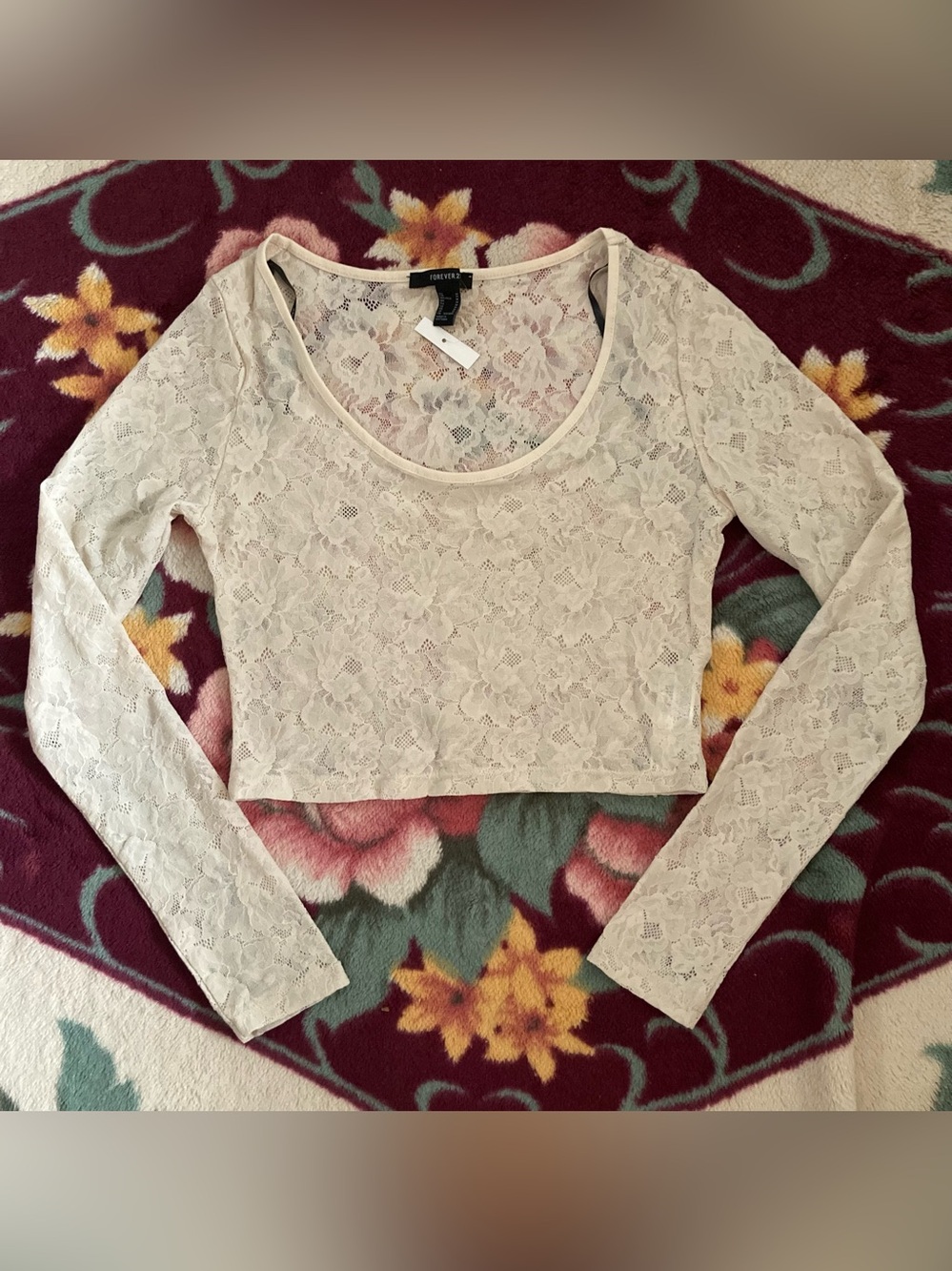 Forever 21 Cream Lace Long Sleeve Crop Top Sheer Floral blouse NWOT